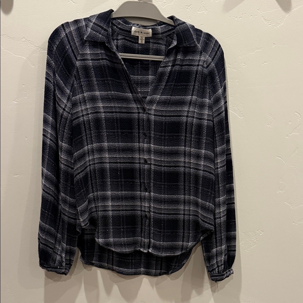 Cloth & Stone black, White & Metallic Silver Plaid Button Down Shirt